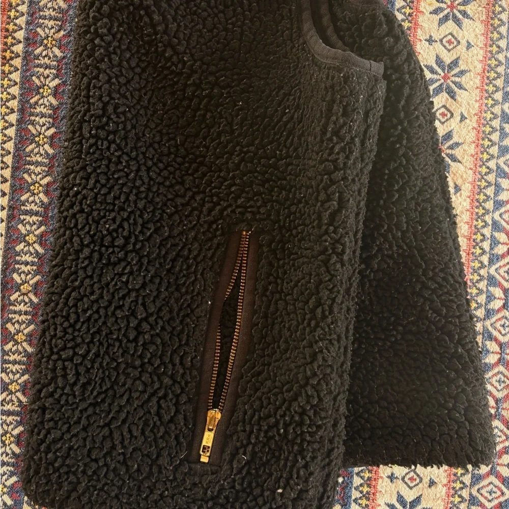 J. Crew Black Sherpa Fleece Vest with Gold Details